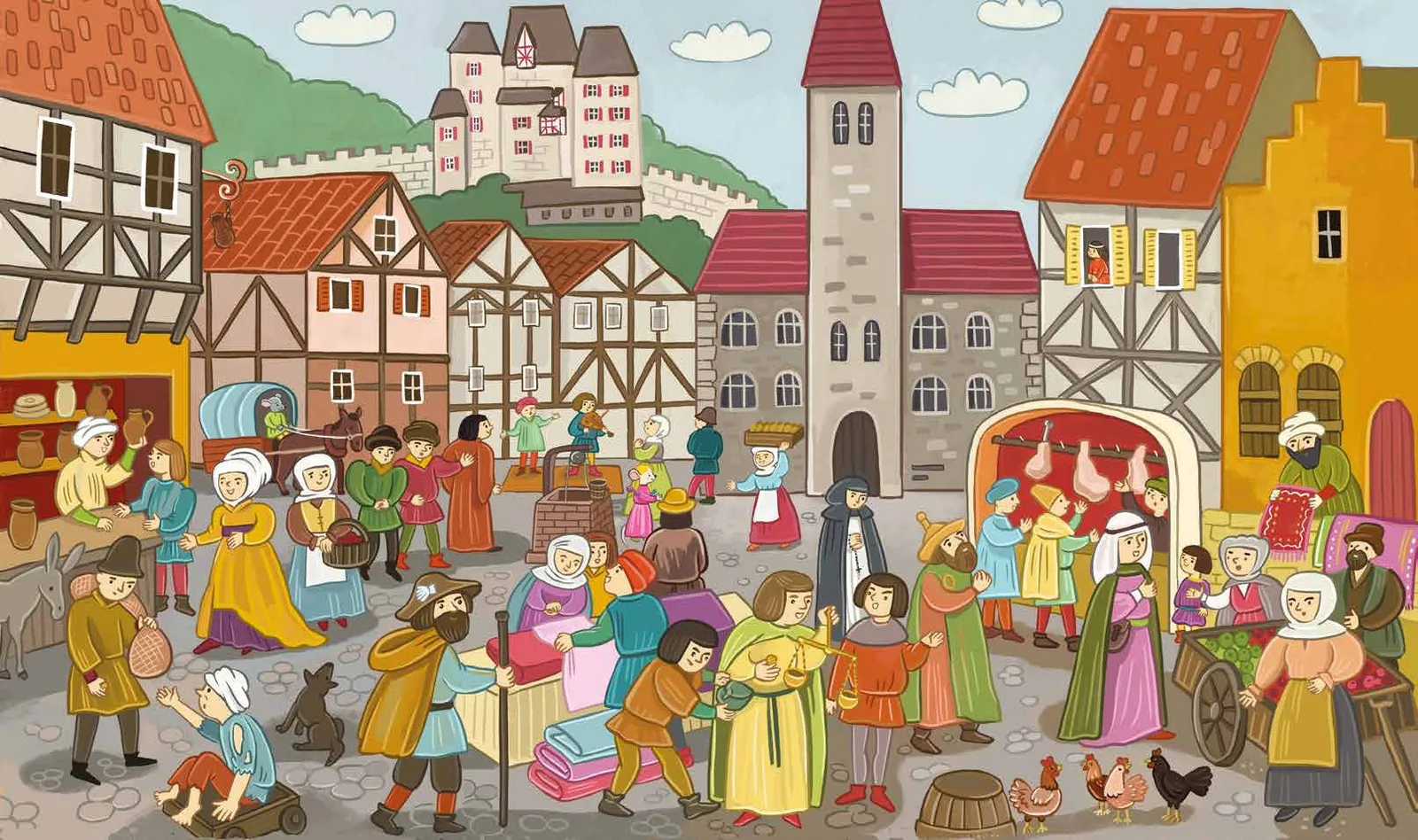A busy medieval market square from Timka and Tinka in the Middle Ages