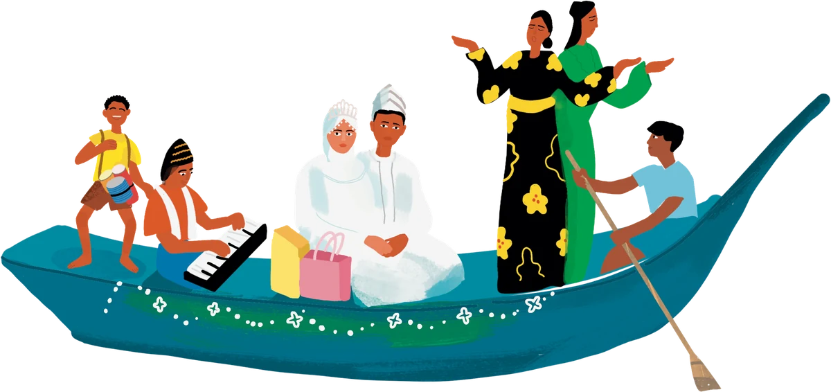 A wedding party travelling by boat, with a keyboard player and dancers