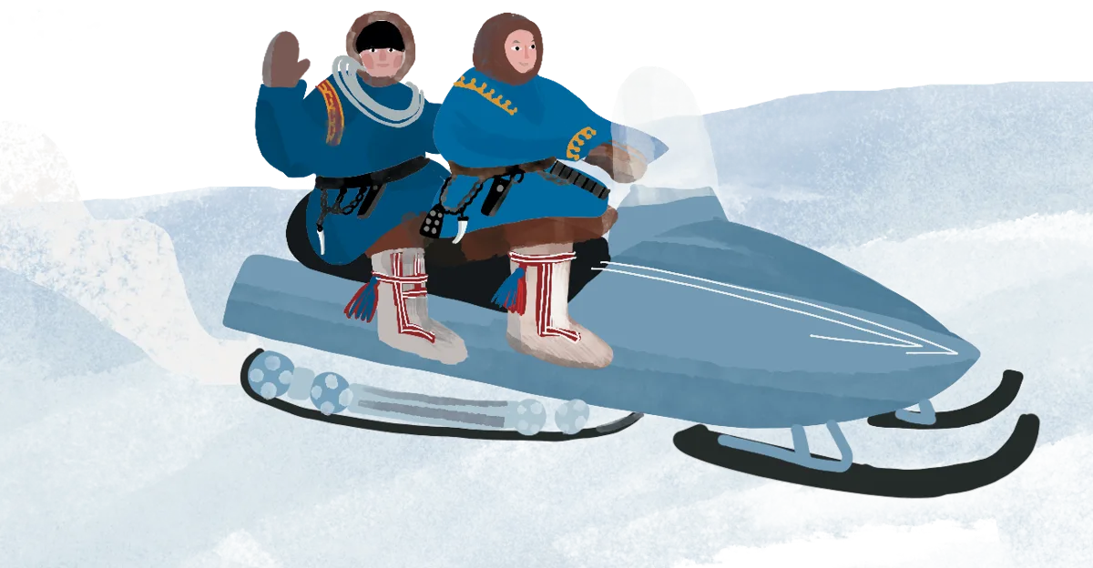 A couple on a snowmobile in the Arctic