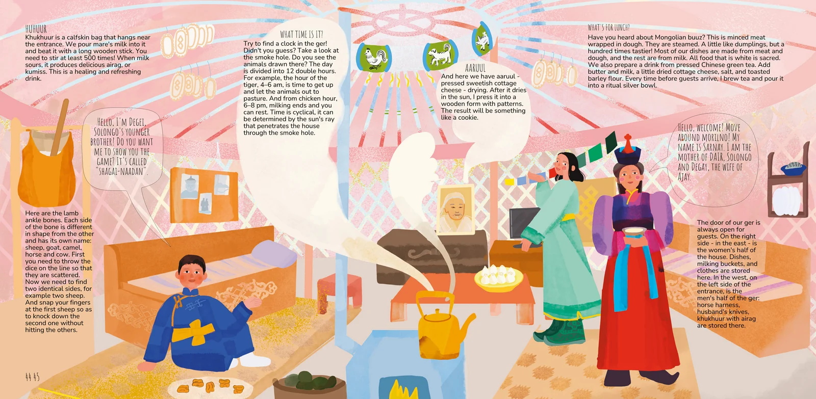 Spread from the Mongols chapter: the inside of a ger, with the family, the stove and labelled sections on food, time and games