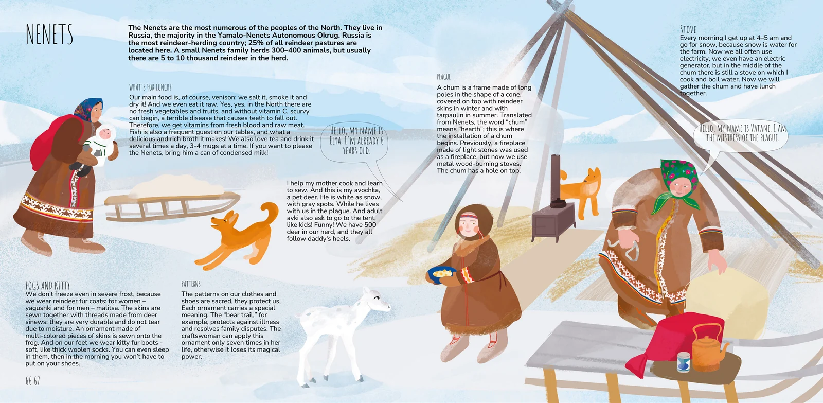 Spread from the Nenets chapter: a chum on the snow, a reindeer calf and labelled sections on the stove, fur clothing and patterns