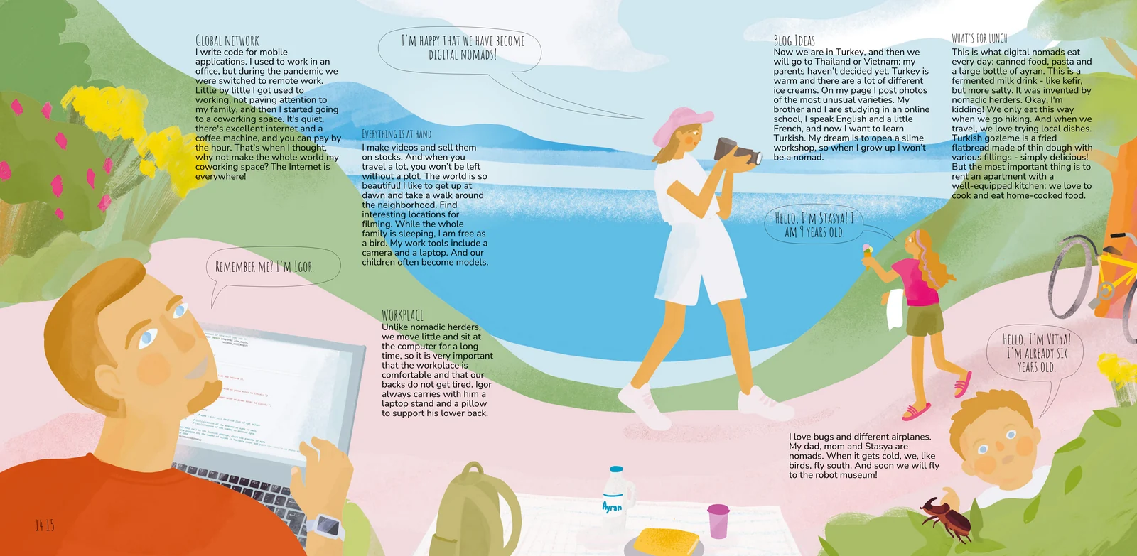 Spread from the Digital Nomads chapter: a family working and filming by the sea, with labelled sections on remote work and daily life