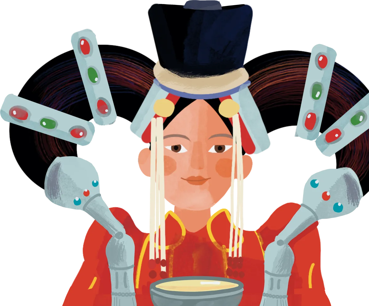 A Mongolian woman in a traditional headdress